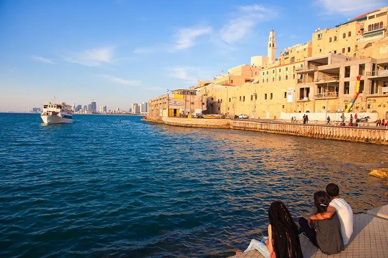 Old Jaffa port and the Tel Aviv coastline at golden hour